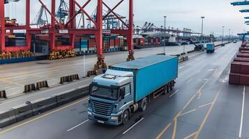 ai generado camión remolque en el muelle en el carga Puerto terminal con grúas y contenedores ai generado foto