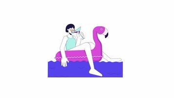 Asian female with cocktail in pool line cartoon animation. Poolside party relax 4K video motion graphic. Woman on inflatable flamingo 2D linear animated character isolated on white background