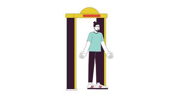 Metal detector go off at airport line cartoon animation. Flashing light alarm 4K video motion graphic. Annoyed man stands in security gate 2D linear animated character isolated on white background