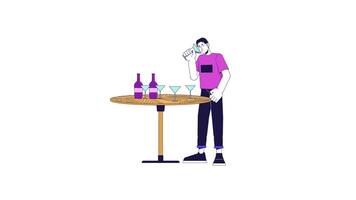 Sad man drinking alcohol line cartoon animation. Alcoholic drinks abuse 4K video motion graphic. Pensive asian guy escaping problem in bar 2D linear animated character isolated on white background