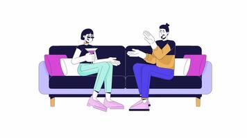 Emotional couple arguing on sofa line cartoon animation. Relationship problems 4K video motion graphic. Man and woman talking aggressively 2D linear animated characters isolated on white background