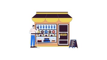 Man drinks coffee at candy shop line 2D character animation. Confectionery making business flat color cartoon 4K video, alpha channel. Dessert store caucasian guest animated person on white background video