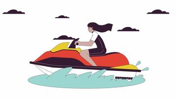 Jet ski riding line cartoon animation. Watercraft jetski 4K video motion graphic. Watersport activity. Swimwear arab woman on water scooter 2D linear animated character isolated on white background