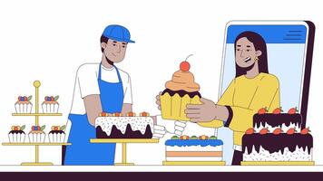 en ligne desserts commande ligne 2d personnages animation. confiserie boutique mobile app plat Couleur dessin animé 4k vidéo, alpha canaliser. boulanger portion femelle les clients Animé gens sur blanc Contexte video