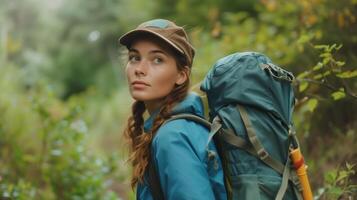 ai generado un joven mujer caminante con un grande mochila pausas en un bosque camino, su contemplativo mirada dirigido fuera de cámara, rodeado por el lozano verdor de un sereno bosque. foto