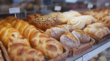 AI generated Assorted Fresh Baked Bread in Bakery Display High Quality Image photo