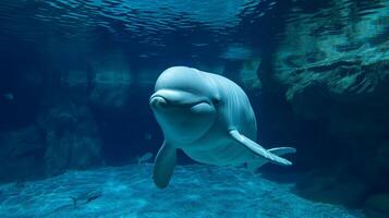 AI generated Friendly Beluga Whale Underwater with Light Reflections Ocean Wildlife photo