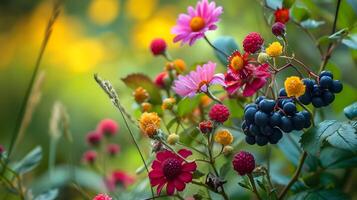 ai generado vibrante jardín flores y bayas macro fotografía foto