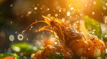 ai generado dinámica de cerca de camarón con agua salpicaduras y luz de sol foto