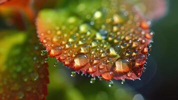 ai generado agua gotas en vibrante hoja borde macro fotografía foto