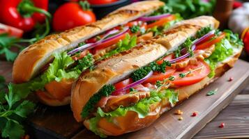 AI generated Delicious Sub Sandwich with Fresh Vegetables and Ham photo