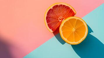 AI generated Sliced Orange and Grapefruit on Pastel Blue and Pink Geometric Background photo