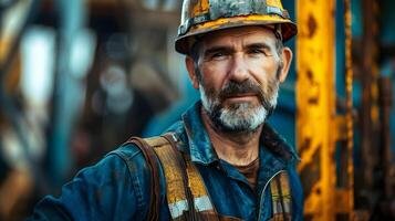 AI generated Portrait of a working man in a uniform and a hard hat. AI Generated photo