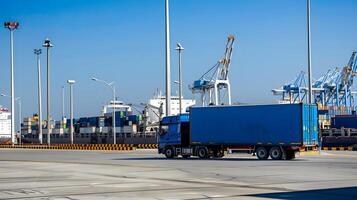 ai generado camión remolque en el muelle en el carga Puerto terminal con grúas y contenedores ai generado foto