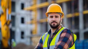 ai generado un hombre, un obrero, un constructor por profesión, en un uniforme y un casco. ai generado foto