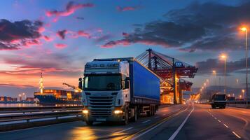 ai generado camión remolque en el muelle en el carga Puerto terminal con grúas y contenedores ai generado foto