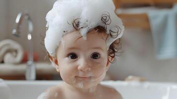 AI generated A cute little child with little foam on his head. AI Generated photo