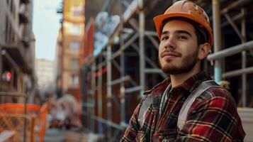 AI generated A man, a worker, a builder by profession, in a uniform and a helmet. AI Generated photo