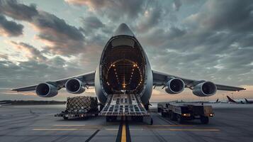 AI generated A cargo plane at the airport docks loads or unloads cargo. AI Generated photo