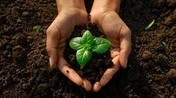 ai generado humano palmas sostener suelo con un verde pequeño planta como un concepto para negocio desarrollo. ai generado foto