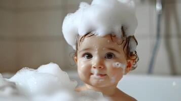 ai generado un linda pequeño niño con pequeño espuma en su cabeza. ai generado foto