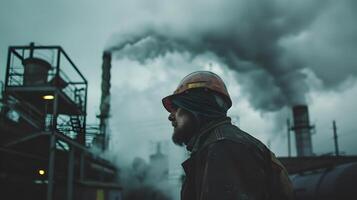 AI generated Portrait of a working man in a uniform and a hard hat. AI Generated photo