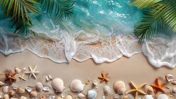 AI generated Azure coast of the ocean with palm trees, sand, surf and shells. AI Generated photo