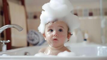 AI generated A cute little child with little foam on his head. AI Generated photo