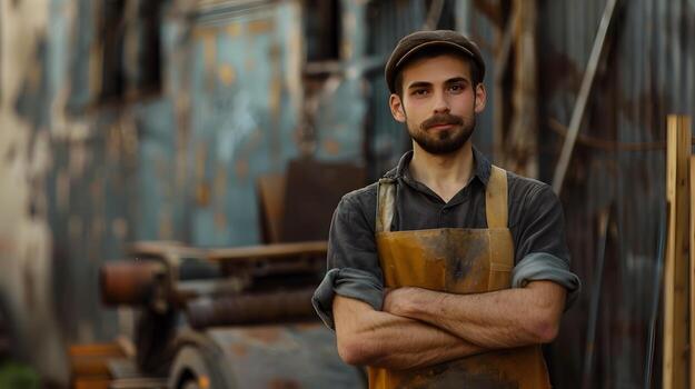 AI generated A man, a worker, a builder by profession, in a uniform and a helmet. AI Generated photo