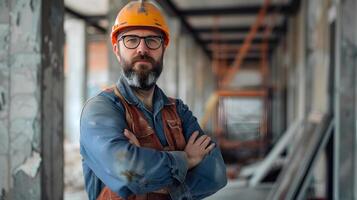 ai generado un hombre, un obrero, un constructor por profesión, en un uniforme y un casco. ai generado foto