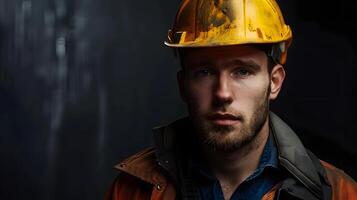 AI generated Portrait of a working man in a uniform and a hard hat. AI Generated photo