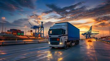 AI generated Truck trailer on the pier in the cargo port terminal with cranes and containers. AI Generated photo