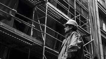 ai generado un hombre, un obrero, un constructor por profesión, en un uniforme y un casco. ai generado foto