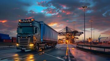 ai generado camión remolque en el muelle en el carga Puerto terminal con grúas y contenedores ai generado foto