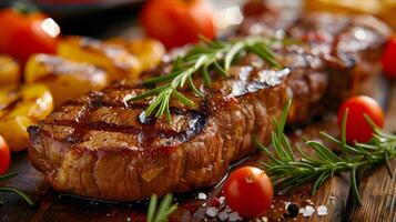 AI generated Fresh juicy delicious beef steak on a dark background. AI Generated photo