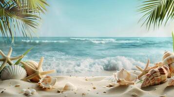 AI generated Azure coast of the ocean with palm trees, sand, surf and shells. AI Generated photo