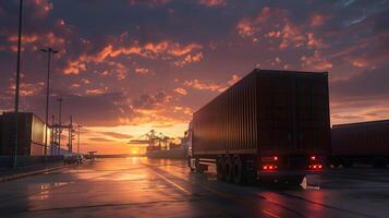 AI generated Truck trailer on the pier in the cargo port terminal with cranes and containers. AI Generated photo