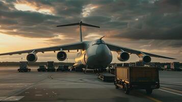 AI generated A cargo plane at the airport docks loads or unloads cargo. AI Generated photo