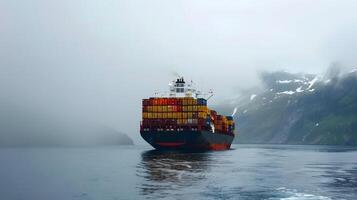 ai generado un Embarcacion para transportar carga contenedores y además descarga eso a el muelles de un carga puerto. ai generado foto