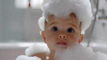 ai generado un linda pequeño niño con pequeño espuma en su cabeza. ai generado foto