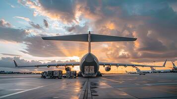 ai generado un carga avión a el aeropuerto muelles cargas o descarga carga. ai generado foto