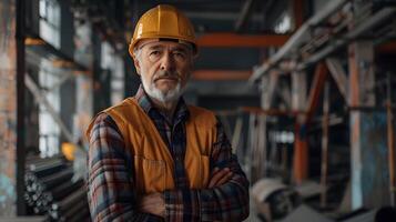 AI generated A man, a worker, a builder by profession, in a uniform and a helmet. AI Generated photo