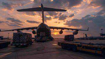 AI generated A cargo plane at the airport docks loads or unloads cargo. AI Generated photo