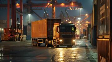 AI generated Truck trailer on the pier in the cargo port terminal with cranes and containers. AI Generated photo