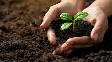 AI generated Human palms hold soil with a green small plant as a concept for business development. AI Generated photo