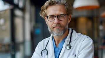 ai generado retrato de un masculino médico trabajador con un estetoscopio. ai generado foto