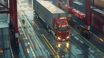 ai generado camión remolque en el muelle en el carga Puerto terminal con grúas y contenedores ai generado foto