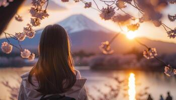AI generated Tourist looking at Fuji mountain and cherry blossom in spring. Generative AI photo