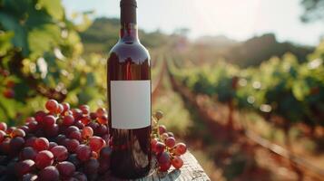 ai generado botella de rojo vino con maduro uvas en de madera mesa en viñedo. generativo ai foto