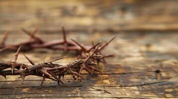 AI generated Christian crown of thorns with metal nails on a wooden desk, copyspace. Generative AI photo